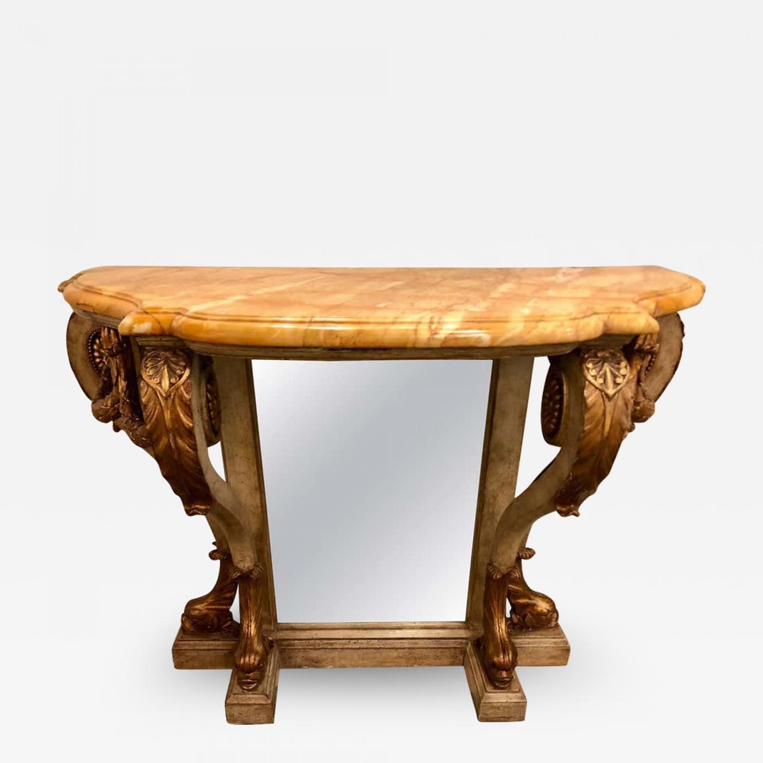 Neoclassical Style Marble-Top Bowed Table Mirrored Back Gilded Dolphin Accents (1 of 11)