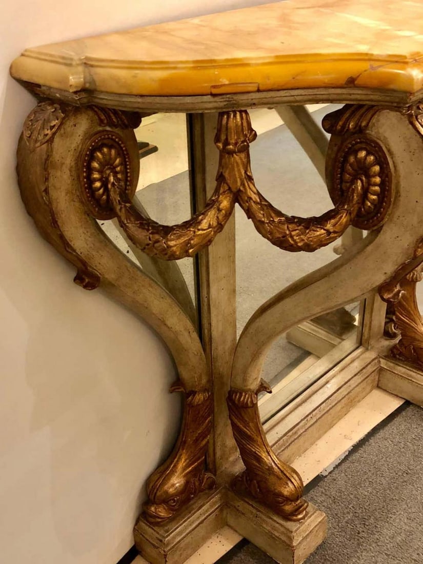 Neoclassical Style Marble-Top Bowed Table Mirrored Back Gilded Dolphin Accents - 4