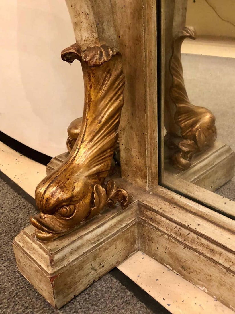 Neoclassical Style Marble-Top Bowed Table Mirrored Back Gilded Dolphin Accents - 5