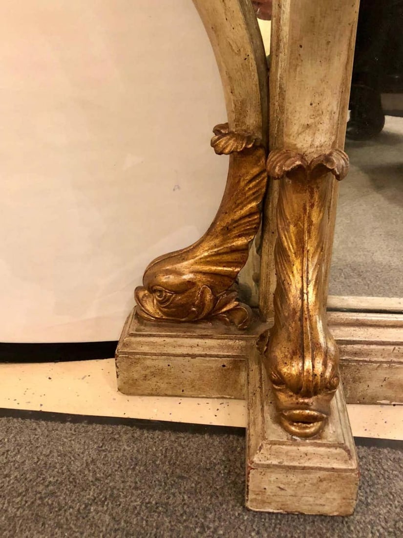 Neoclassical Style Marble-Top Bowed Table Mirrored Back Gilded Dolphin Accents - 8