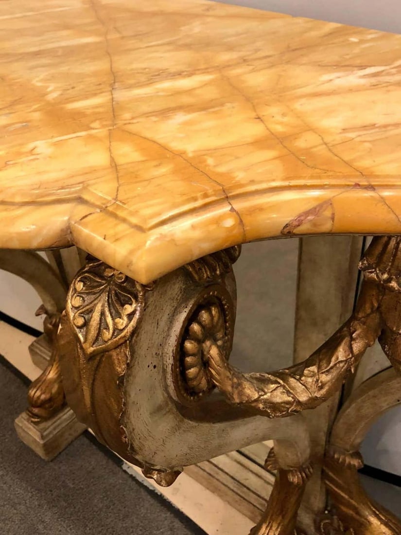 Neoclassical Style Marble-Top Bowed Table Mirrored Back Gilded Dolphin Accents - 9