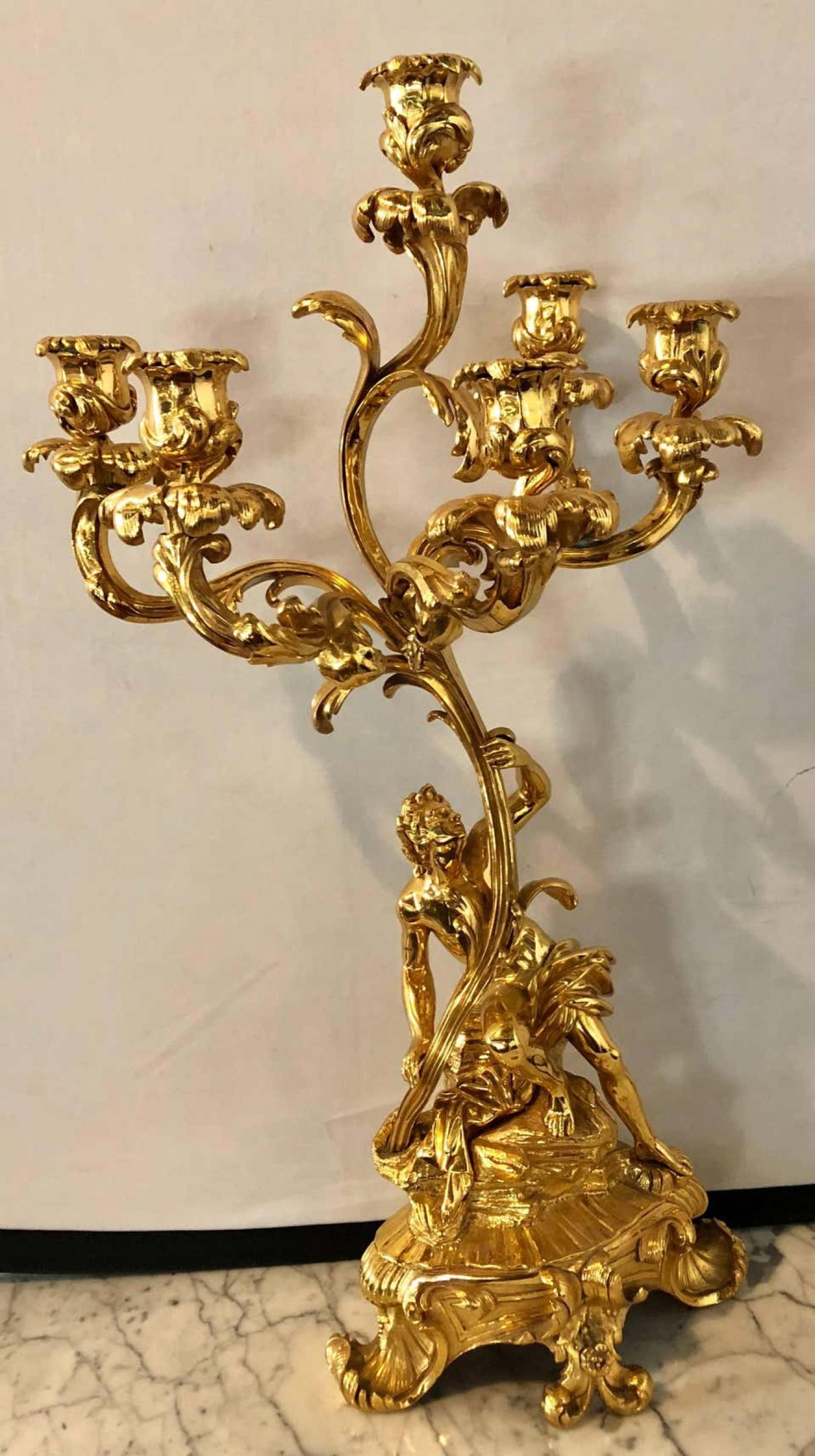 Pair of 19th Century Bronze 24-Carat Gold-Plated Six-Arm Figural Candelabras - 11