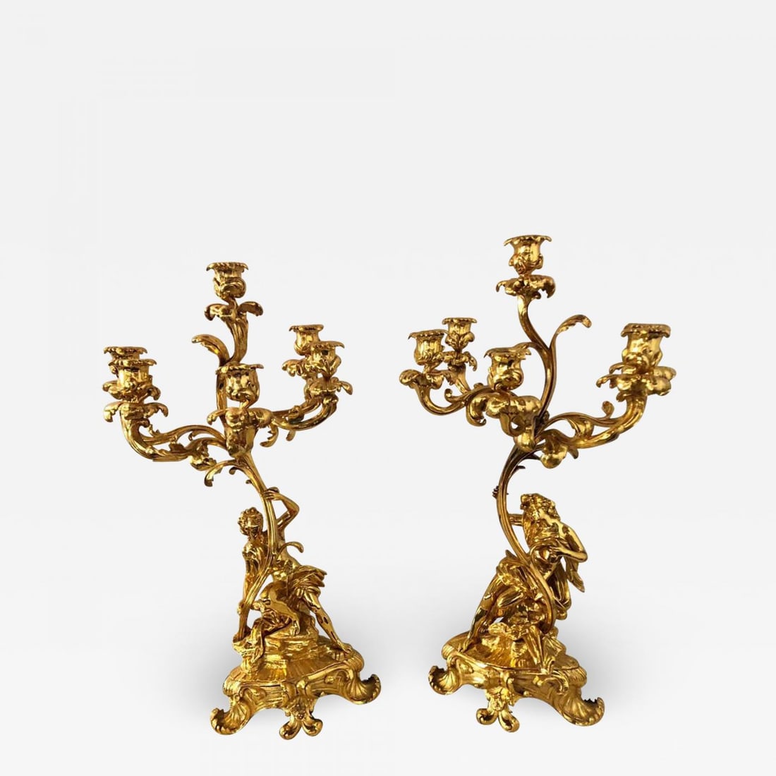 Pair of 19th Century Bronze 24-Carat Gold-Plated Six-Arm Figural Candelabras - 2