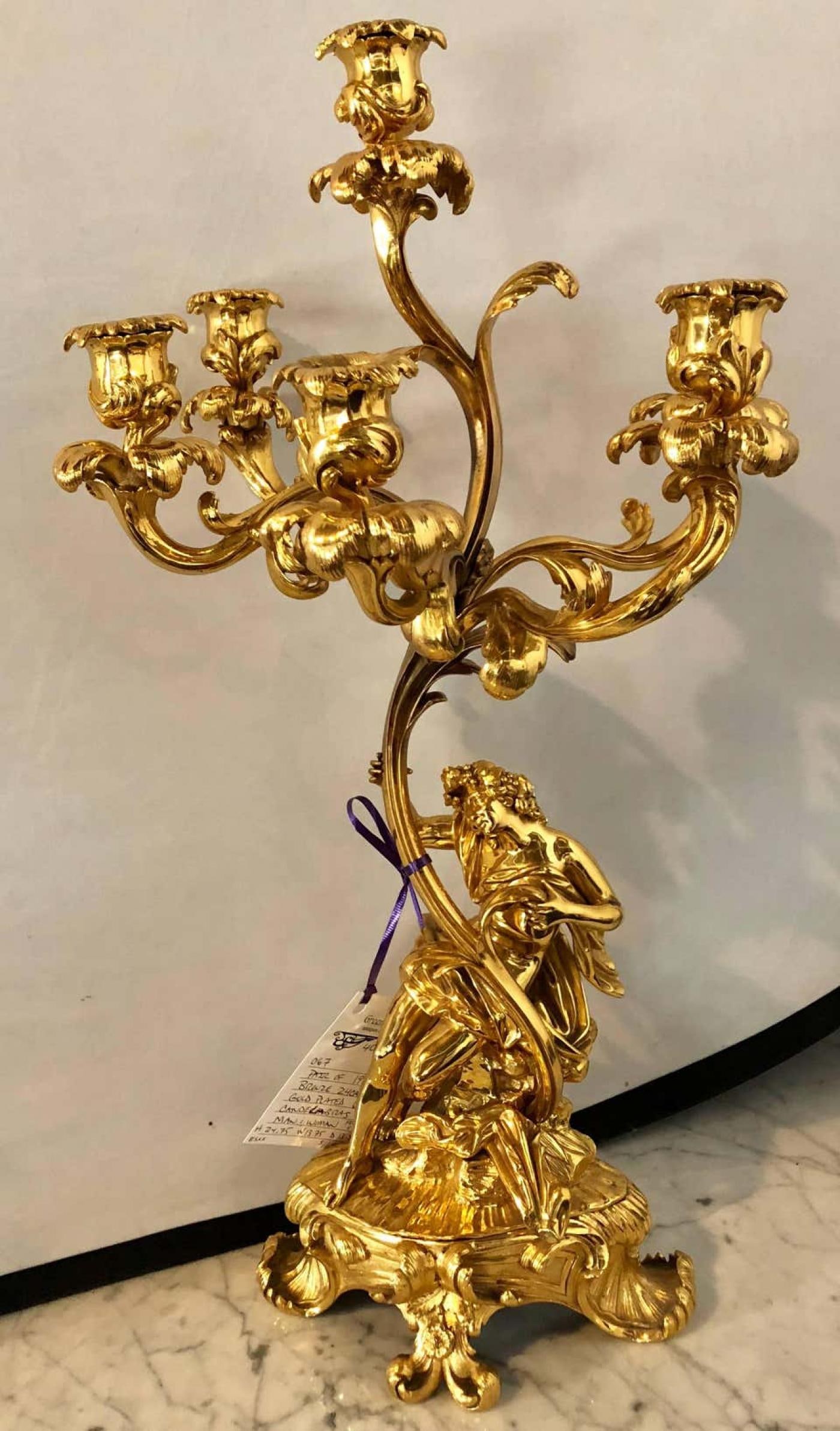 Pair of 19th Century Bronze 24-Carat Gold-Plated Six-Arm Figural Candelabras - 9