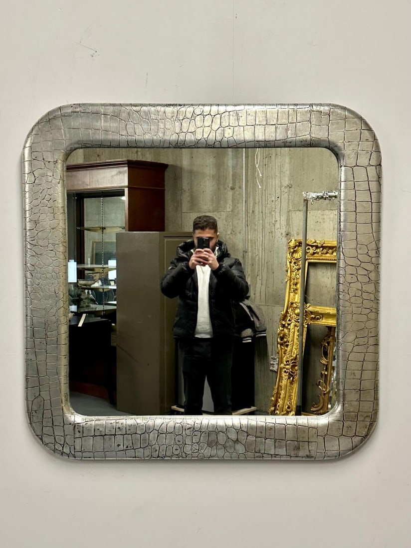 Mid-Century Modern Wall Mirror, Embossed Crocodile Leather, Baughman for Coggin - 3