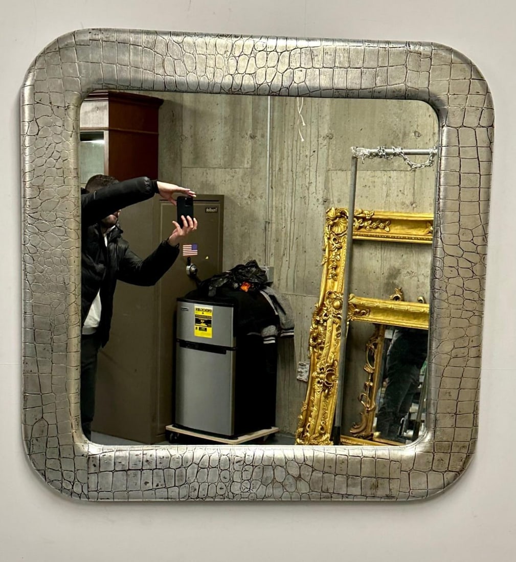 Mid-Century Modern Wall Mirror, Embossed Crocodile Leather, Baughman for Coggin - 4