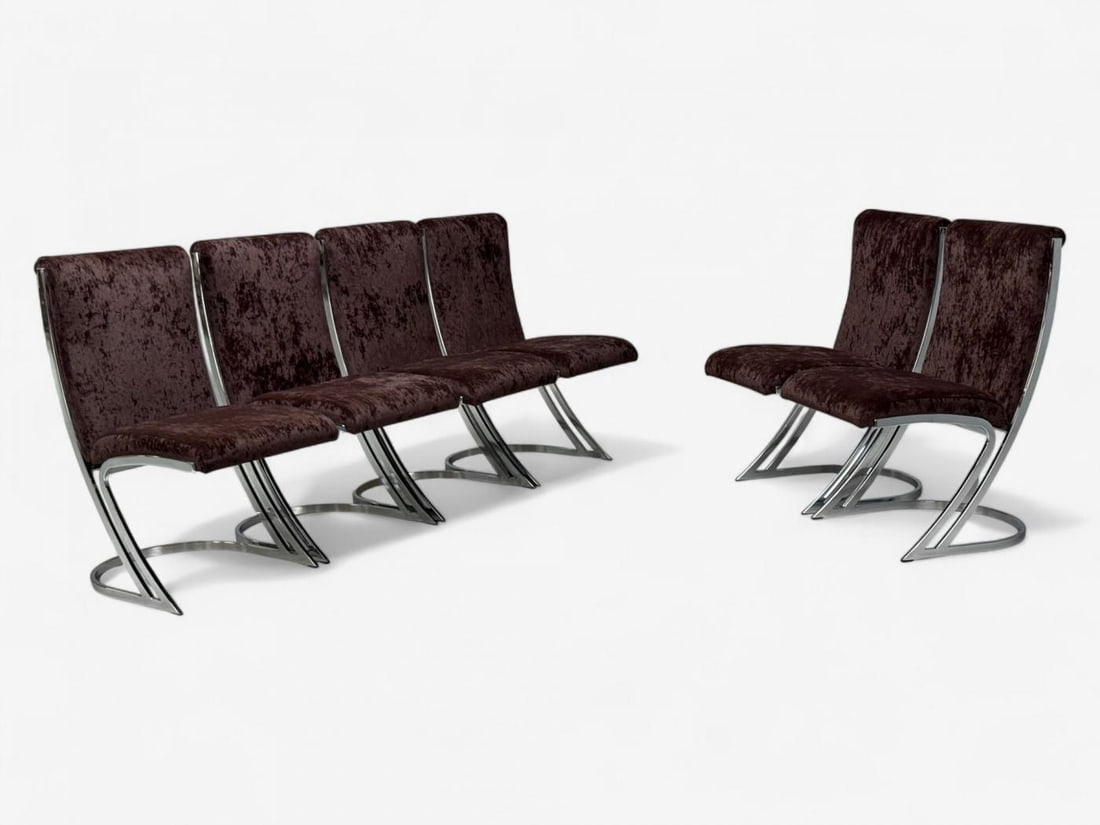 Pierre Cardin, Chromed Metal, Velvet, Six Dining Chairs, USA, 1970s - 12