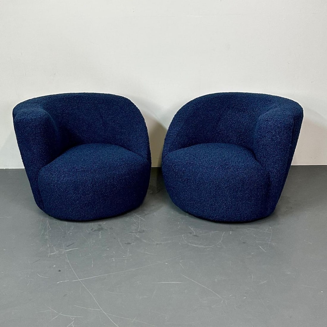 Pair of Mid-Century Modern Nautilus Style Swivel / Lounge Chairs, Blue Faux Fur - 3