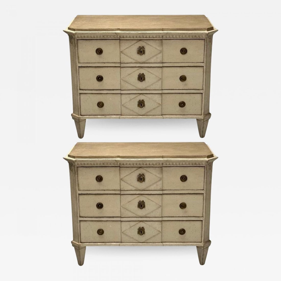 Gustavian, Swedish Commodes, Beige Paint Distressed, Brass, Sweden, 19th C. - 2