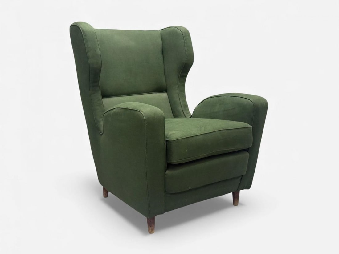 Melchiorre Bega attr., Dark Green Fabric, Wood, Lounge Chair, Italy, 1950s - 3