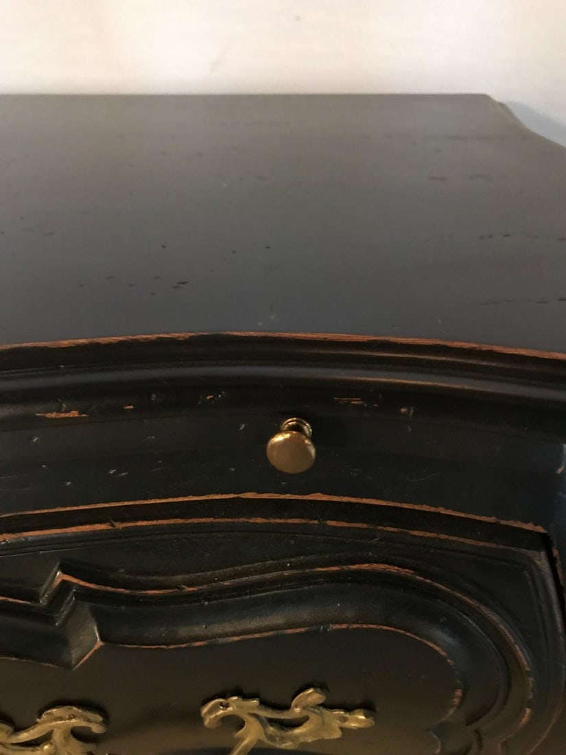 Black Distressed Bombe Commode with Bronze Mounts and Pull-Out Tray Top - 10