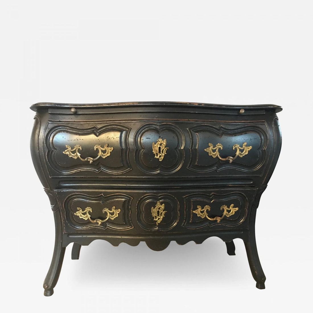 Black Distressed Bombe Commode with Bronze Mounts and Pull-Out Tray Top - 2