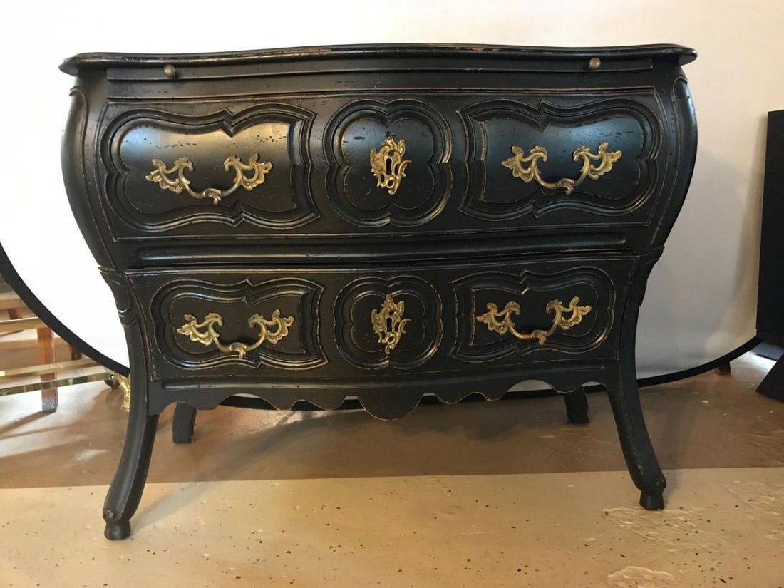 Black Distressed Bombe Commode with Bronze Mounts and Pull-Out Tray Top - 3