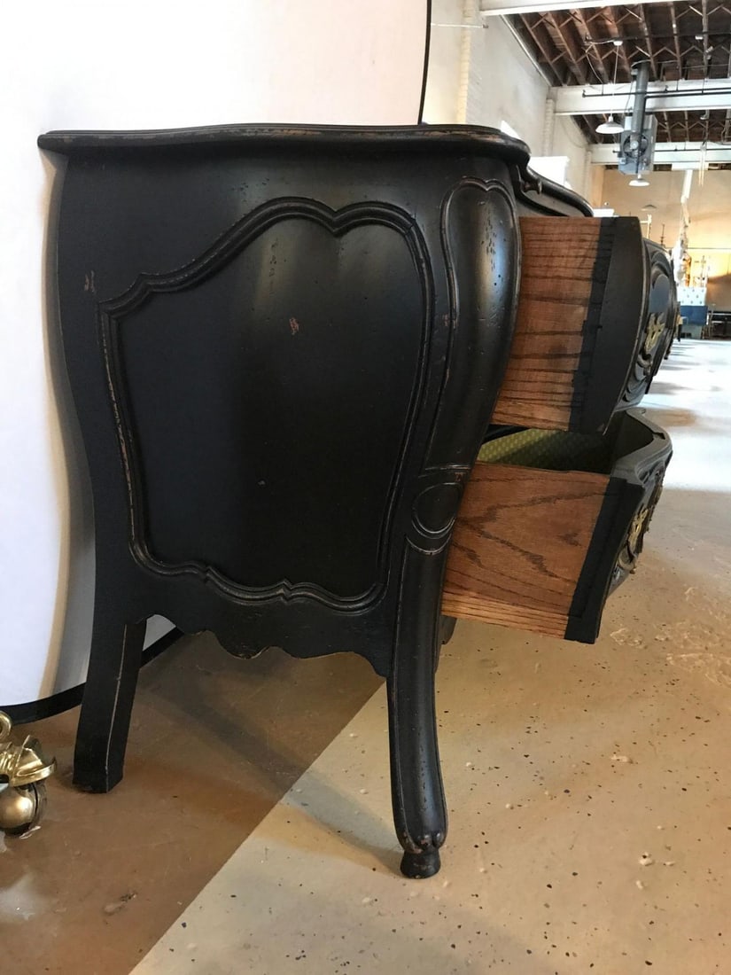 Black Distressed Bombe Commode with Bronze Mounts and Pull-Out Tray Top - 6