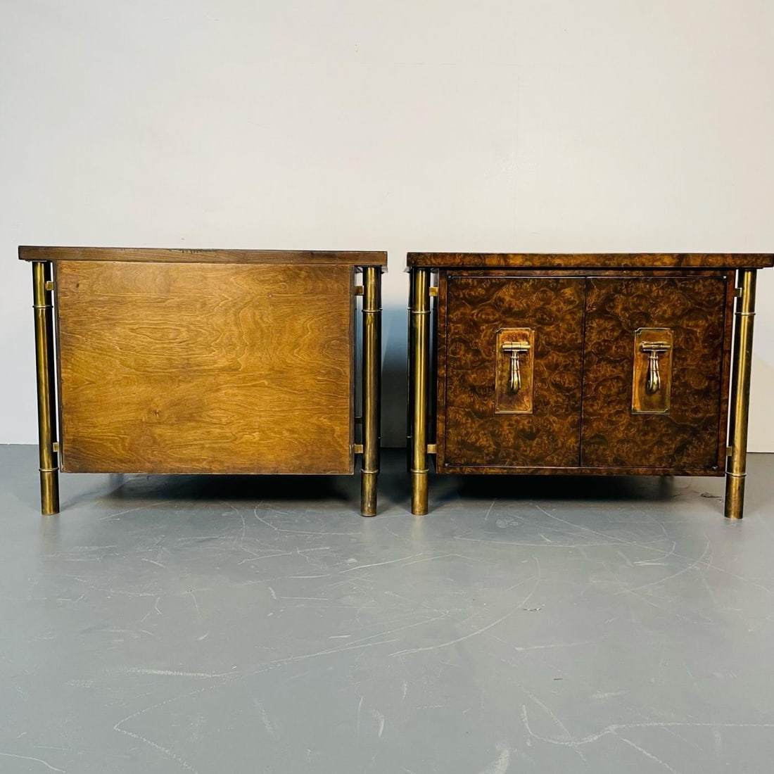 Pair Mid-Century Modern Mastercraft Nightstands, Floating Cabinets in Elm, Brass - 10