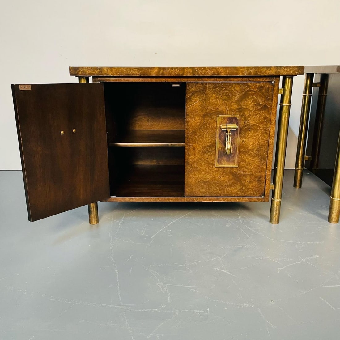 Pair Mid-Century Modern Mastercraft Nightstands, Floating Cabinets in Elm, Brass - 11