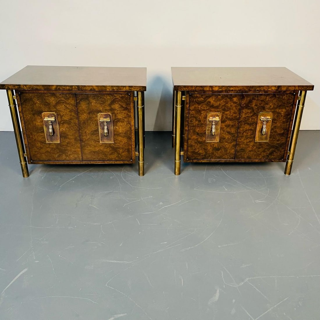 Pair Mid-Century Modern Mastercraft Nightstands, Floating Cabinets in Elm, Brass - 3
