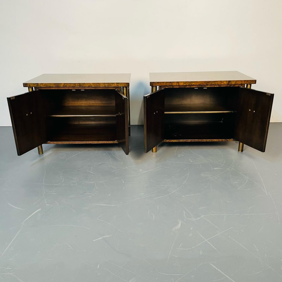 Pair Mid-Century Modern Mastercraft Nightstands, Floating Cabinets in Elm, Brass - 6