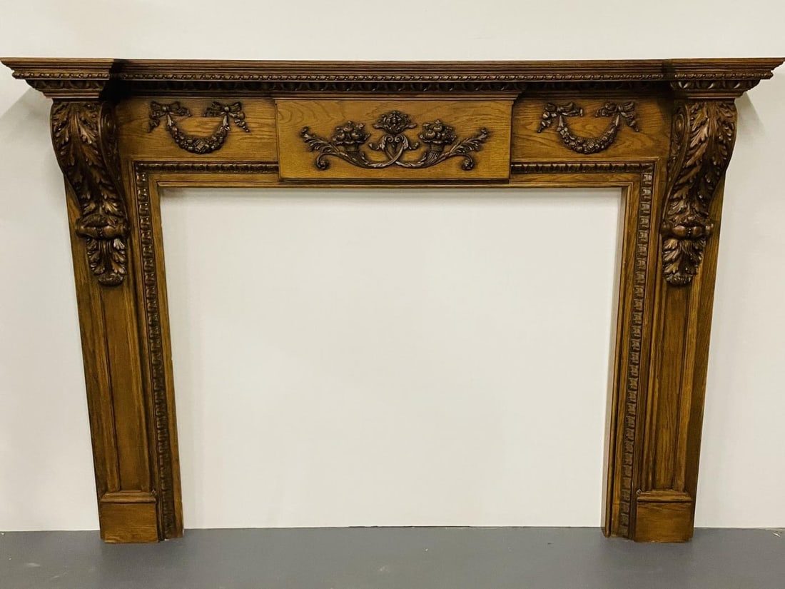 A Louis XVI Style Carved Mantle, Fireplace Surround, Solid Wood Carved, Oak - 5