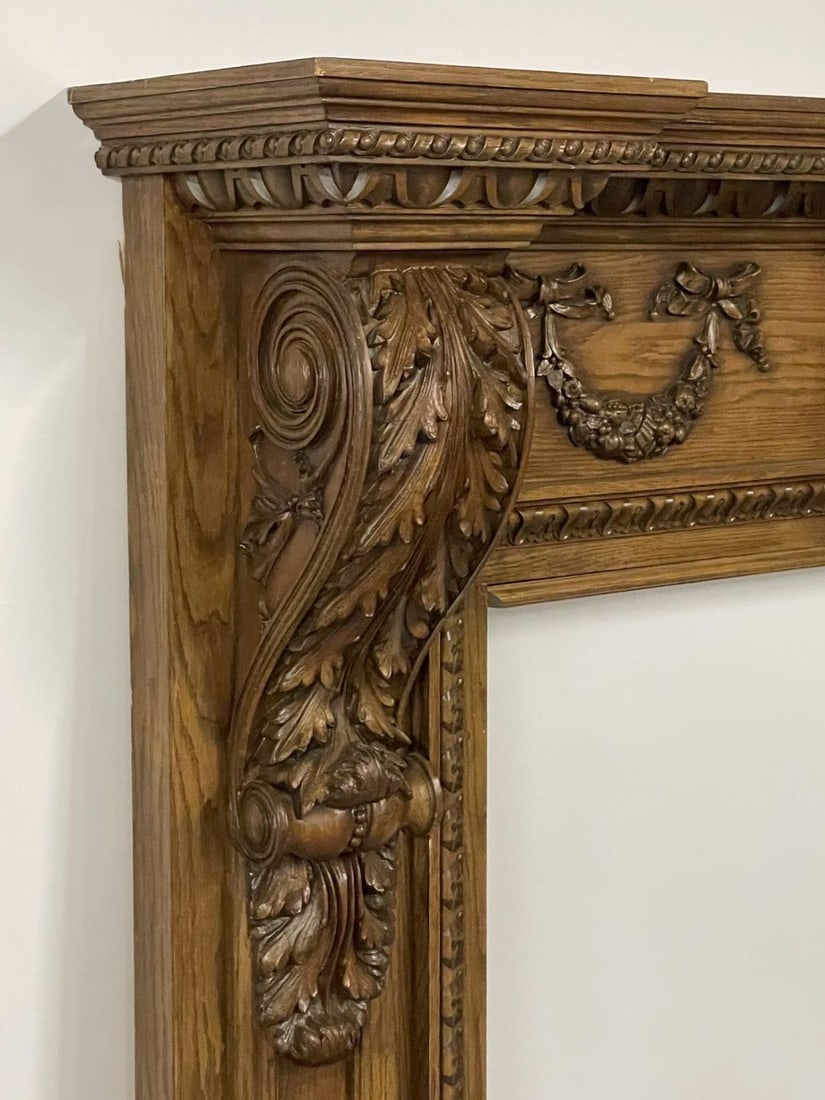 A Louis XVI Style Carved Mantle, Fireplace Surround, Solid Wood Carved, Oak - 7