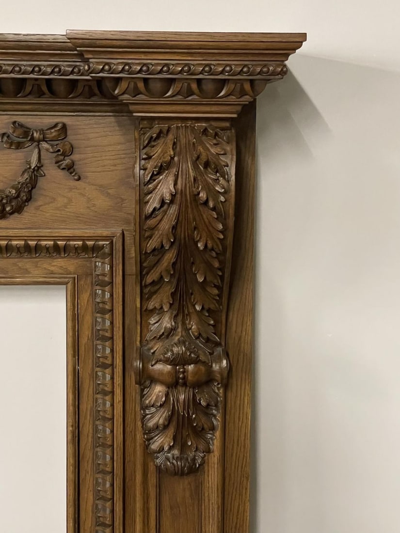 A Louis XVI Style Carved Mantle, Fireplace Surround, Solid Wood Carved, Oak - 9