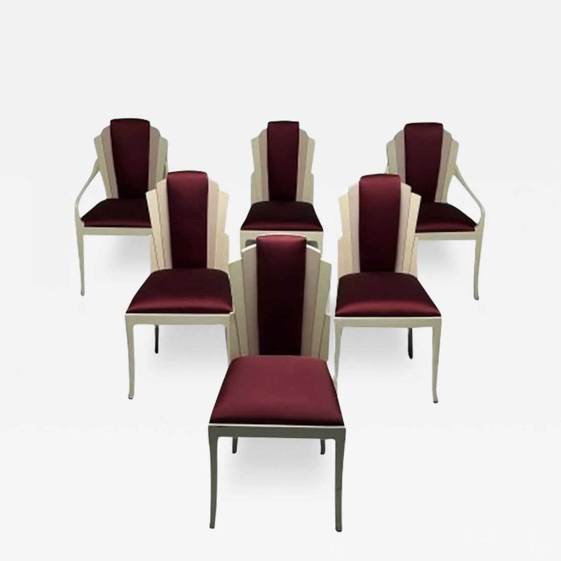 Vladimir Kagan Mid-Century Modern, Six Eva Dining Chairs, Lacquer, Maroon Fabric - 2