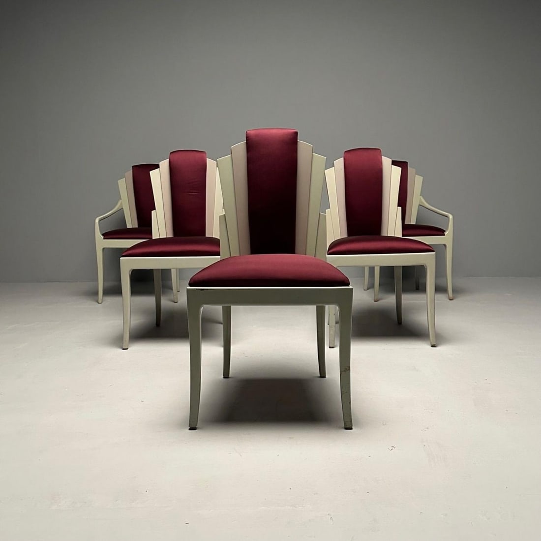 Vladimir Kagan Mid-Century Modern, Six Eva Dining Chairs, Lacquer, Maroon Fabric - 3