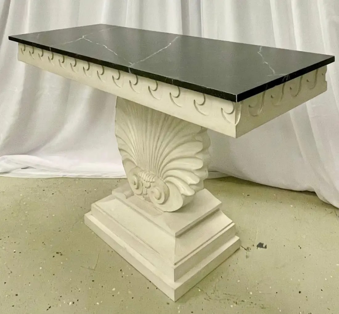 Pair of Hollywood Regency Style Shell From Console Tables, Faux Marble Top - 10
