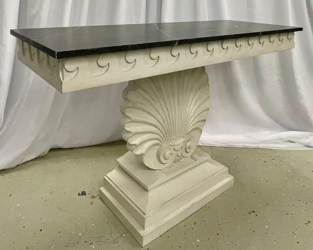 Pair of Hollywood Regency Style Shell From Console Tables, Faux Marble Top - 11