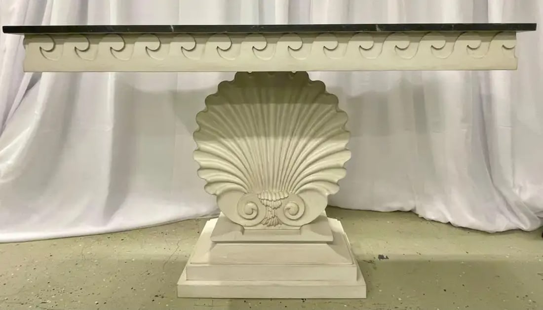 Pair of Hollywood Regency Style Shell From Console Tables, Faux Marble Top - 3