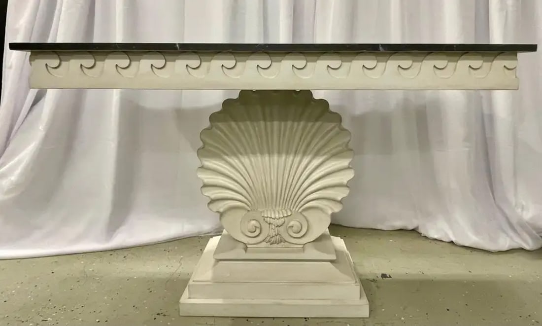 Pair of Hollywood Regency Style Shell From Console Tables, Faux Marble Top - 4