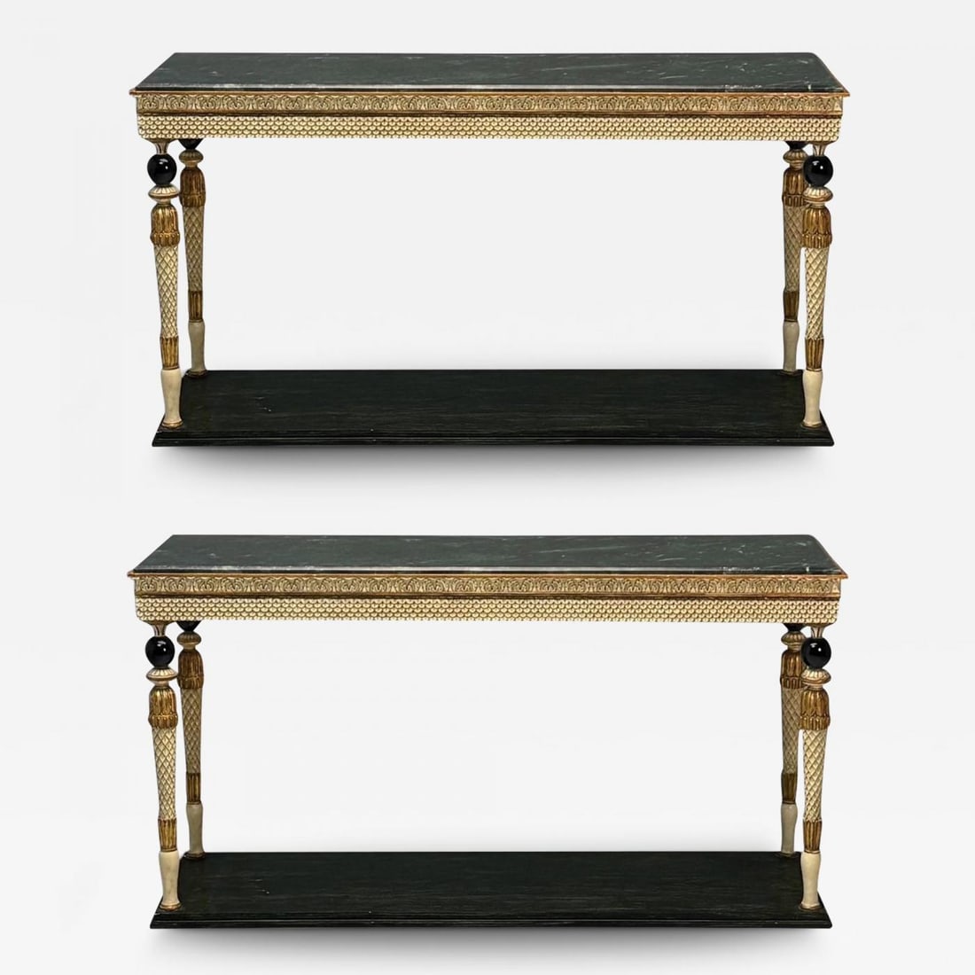 Maison Jansen Neoclassical Style Console Tables, Carved Wood, Green Marble - 2