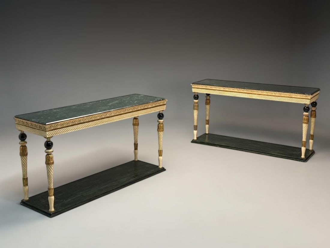 Maison Jansen Neoclassical Style Console Tables, Carved Wood, Green Marble - 3