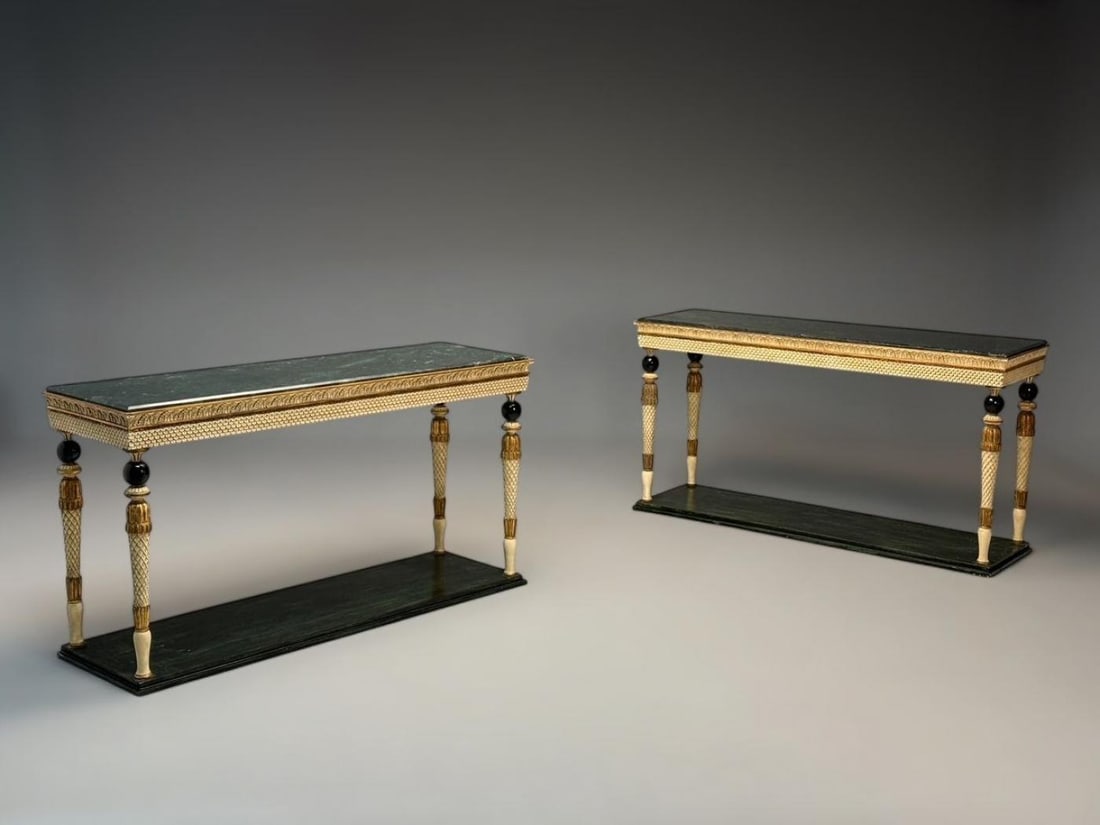 Maison Jansen Neoclassical Style Console Tables, Carved Wood, Green Marble - 5