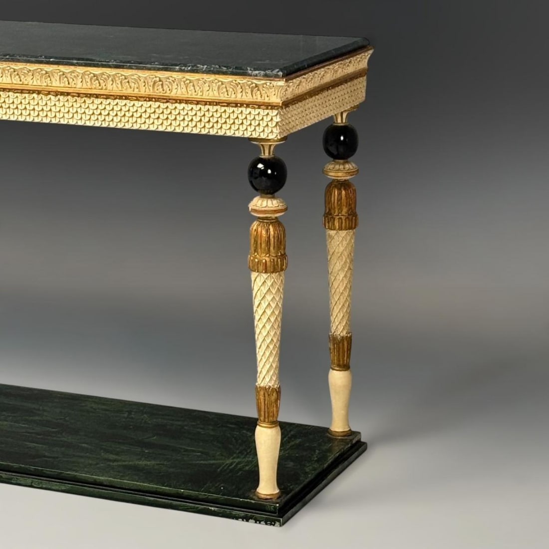Maison Jansen Neoclassical Style Console Tables, Carved Wood, Green Marble - 7