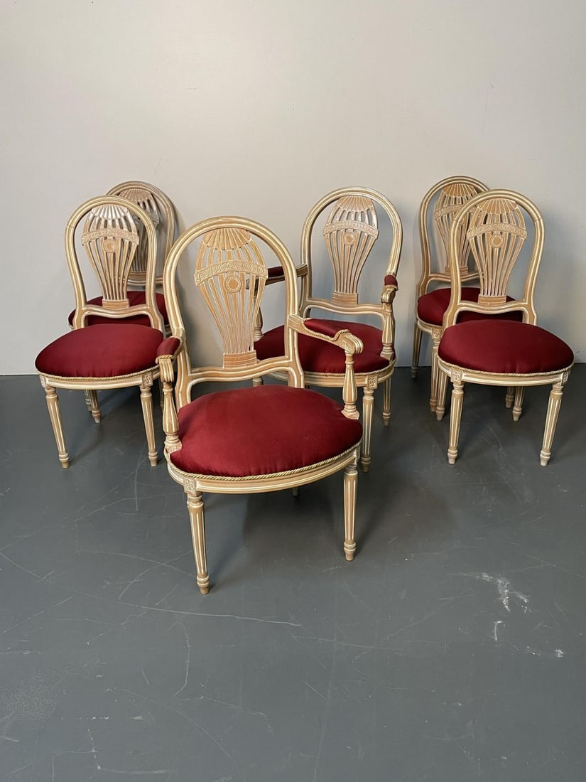 Six Louis XVI Maison Jansen Style Bleached Balloon Back Dining Chairs, Whitewash - 5