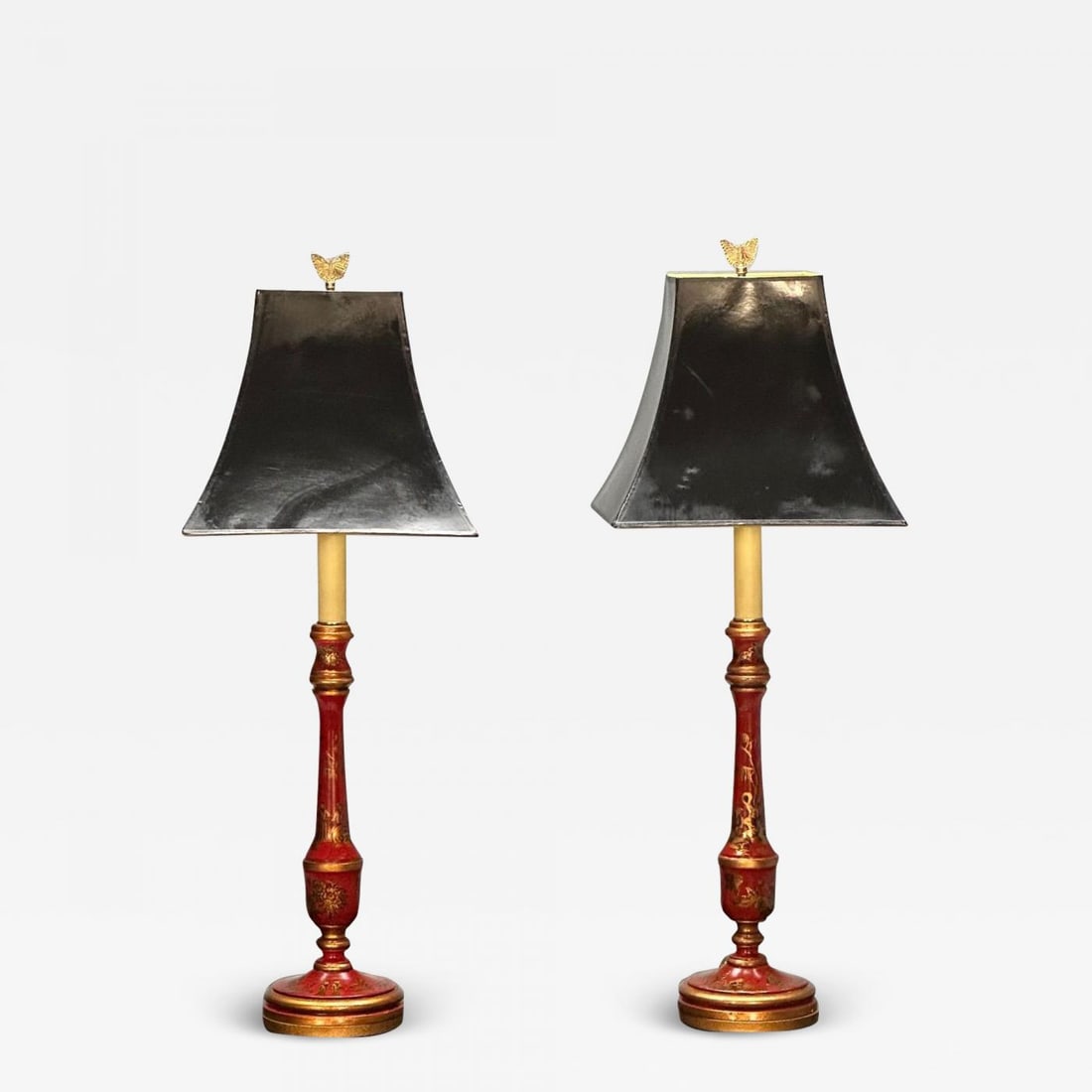 Chinoiserie, Table, Desk Lamps, Red Jappanned Wood, Giltwood, 1940s (1 of 12)