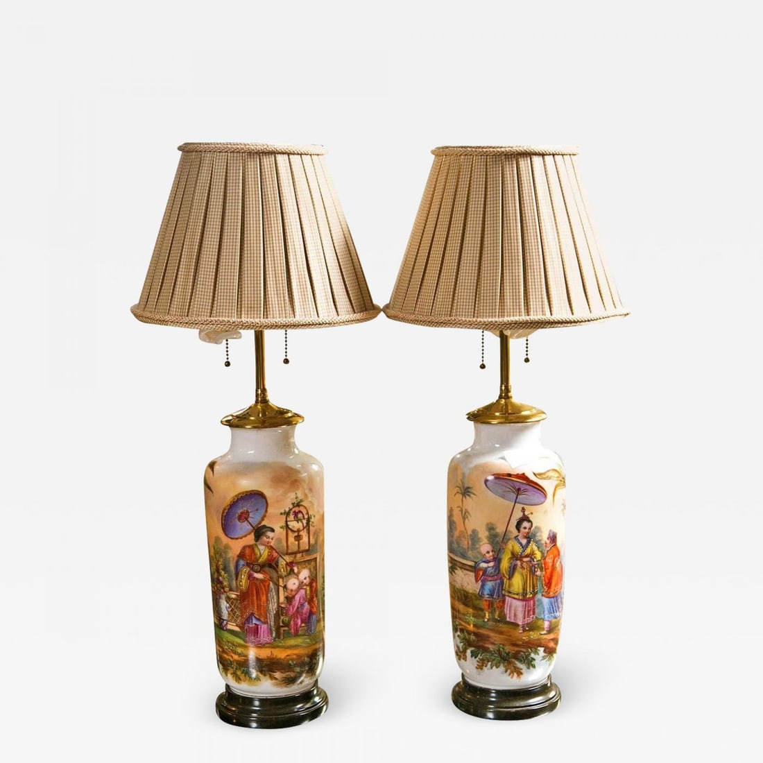 19 C. French Chinoiserie Porcelain Lamps - Pair: Title: 19 C. French Chinoiserie Porcelain Lamps - Pair Description: Pair of 19th century French Chinoiserie style porcelain lamps, hand-painted, jewel like, Chinoiserie scene of figures. Wonderfully d