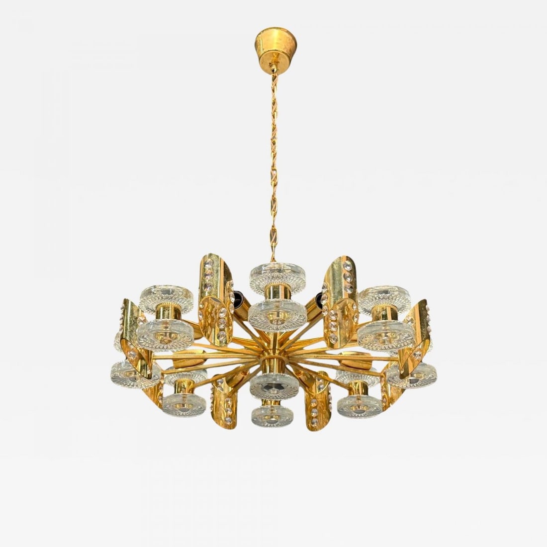 Orrefors, Scandinavian Modern, Brass, Glass, Chandelier, Sweden, 1960s (1 of 11)