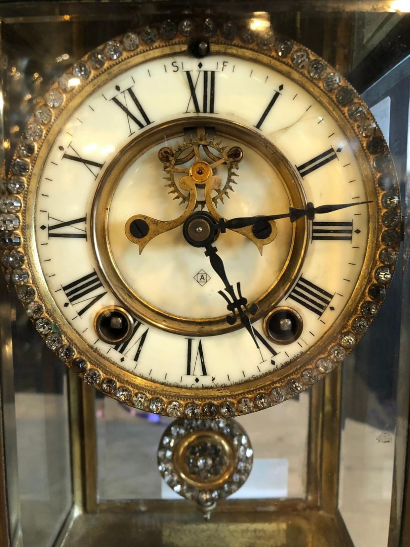 Crystal Face and Pendulum Clock Made by Ansonia Clock of New York - 4