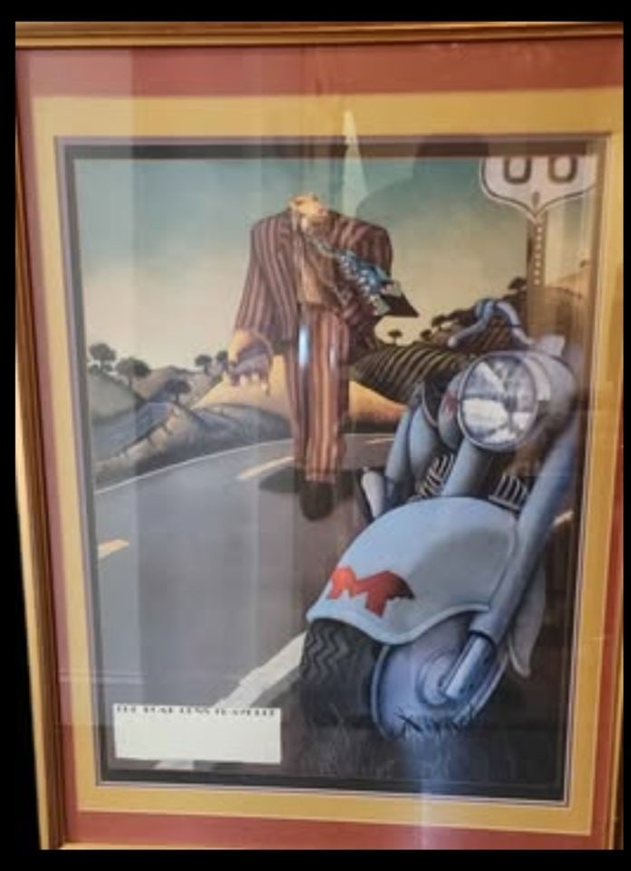 Vintage poster "The Road Less Traveled" by Markus Pierson. Rare 1993 Promo poster for One Man Show.: Colorful, well executed vintage RARE 1993 print of Coyote Series illustration by popular artist "MARKUS PIERSON". Crazy scene, composition features a well dressed coyote figure (Joe Camel style) with