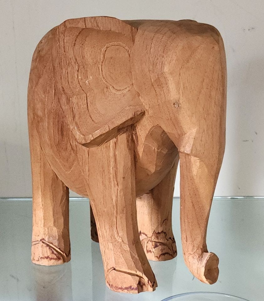 Imposing Mid-Century Solid Wood Hand-Carved Elephant Sculpture. Heavy 9"x 7"x 11" high - 2