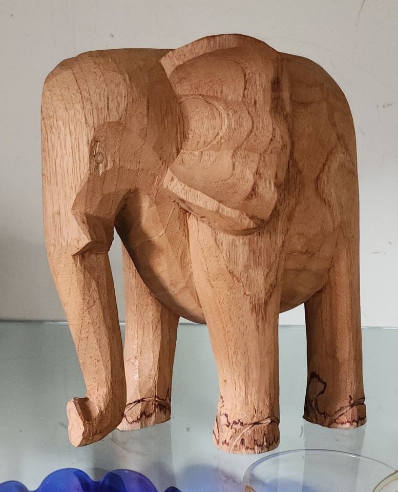 Imposing Mid-Century Solid Wood Hand-Carved Elephant Sculpture. Heavy 9"x 7"x 11" high - 4