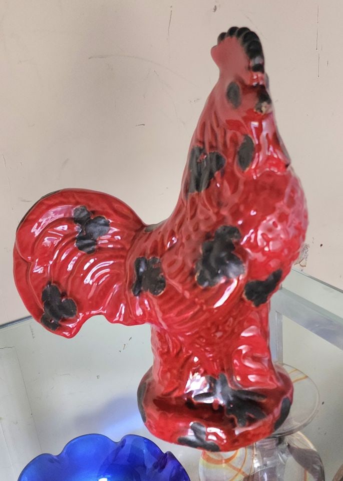 Rare vintage large red and black ceramic rooster sculpture w/ high glaze - 2