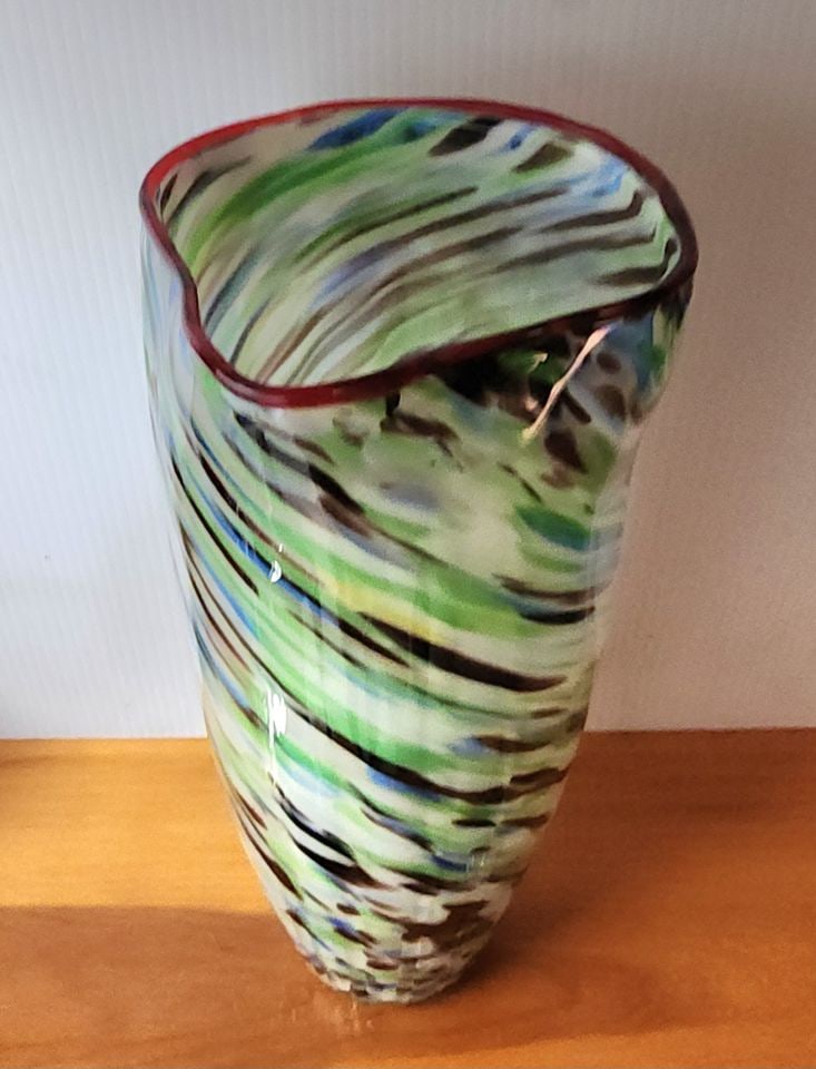 Tall vintage Murano Style multi-color beautifully designed art glass vase. 18 x 5 - 2