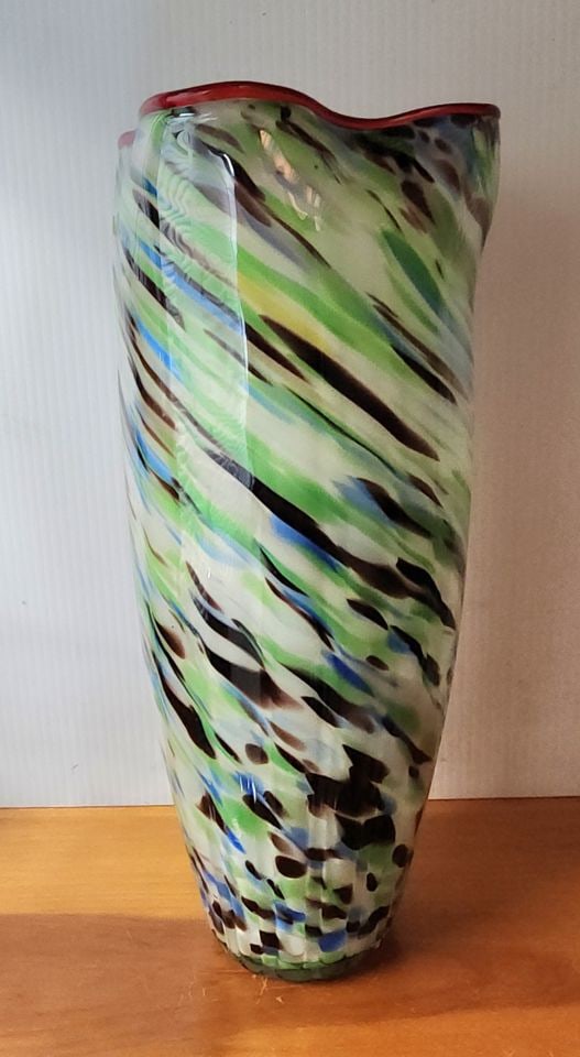 Tall vintage Murano Style multi-color beautifully designed art glass vase. 18 x 5 - 3