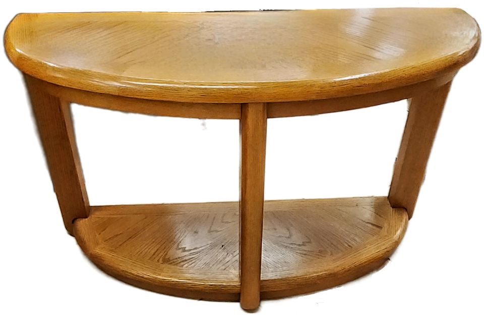 Boldly designed vintage mid-century modern half-moon solid oak console table w/ country influence - 2