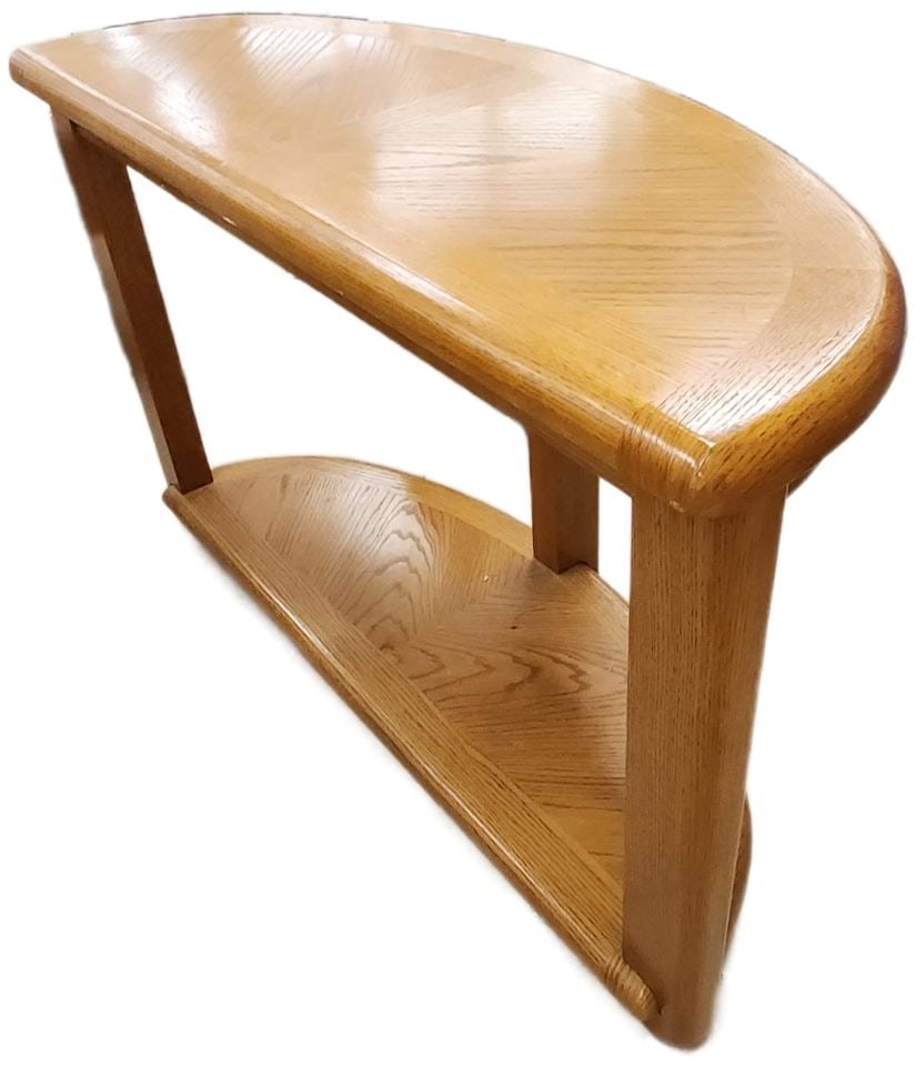 Boldly designed vintage mid-century modern half-moon solid oak console table w/ country influence - 3