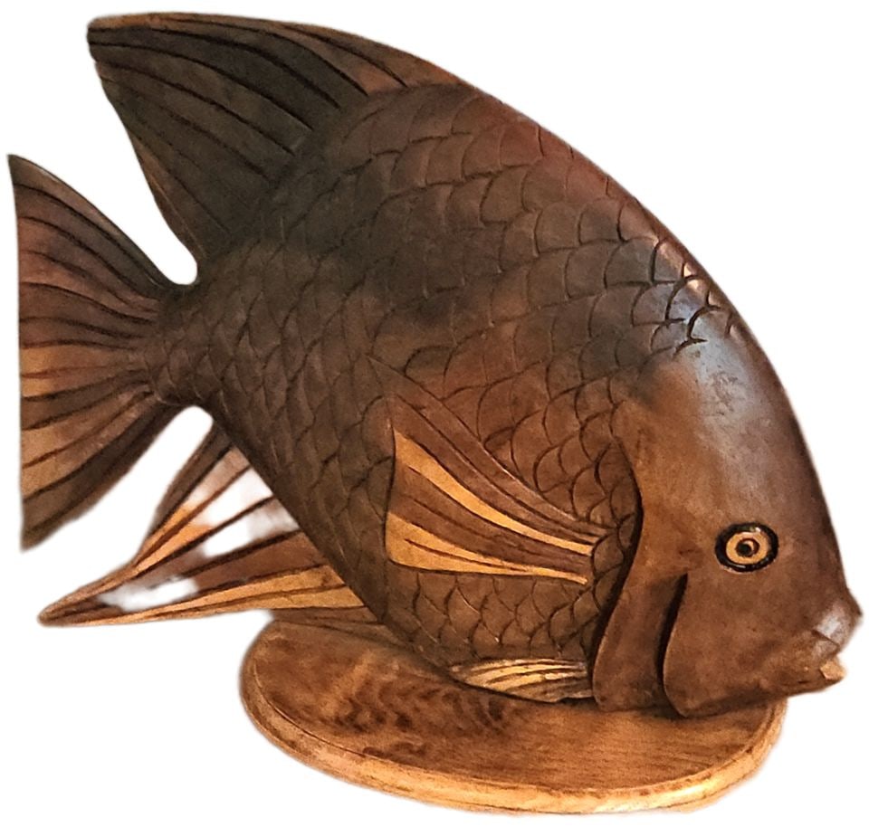 Monumental vintage mid-century hand carved mahogany wood surreal fish sculpture. 30"× 20" (1 of 5)