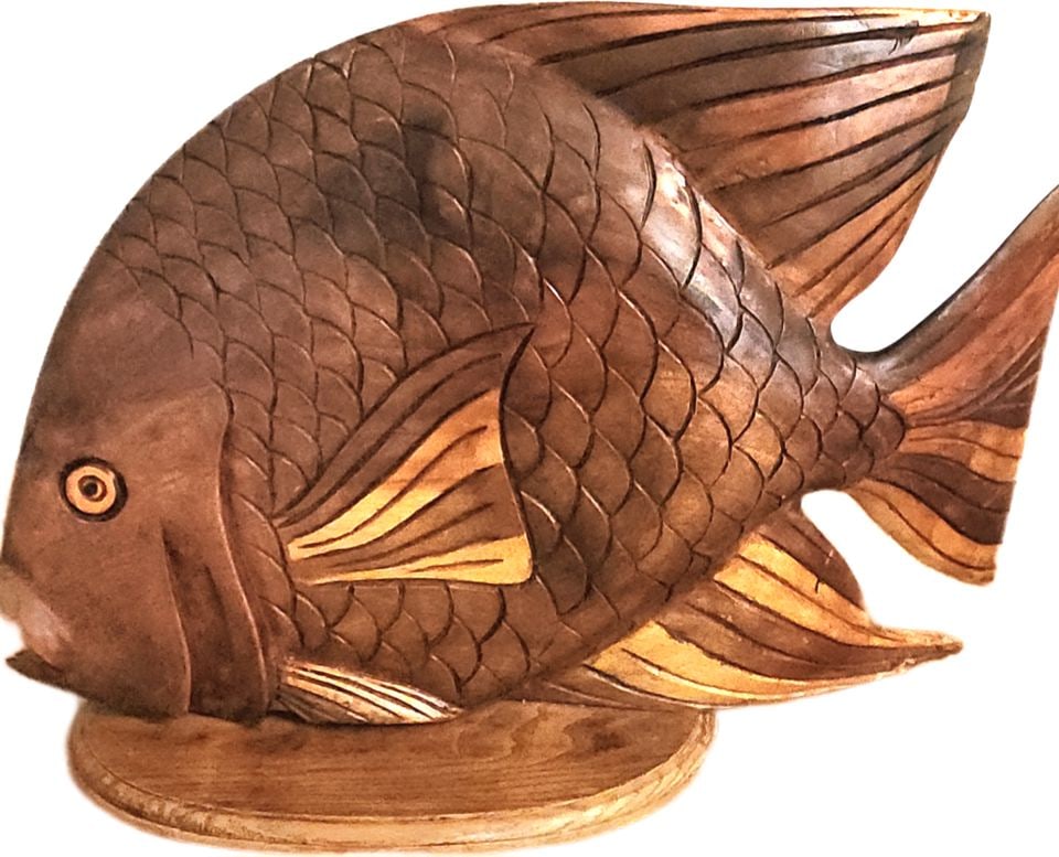 Monumental vintage mid-century hand carved mahogany wood surreal fish sculpture. 30"× 20" - 2